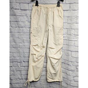 LOVE TREE S BEIGE DRAWSTRING NYLON CARGO POCKETS PULL ON PARACHUTE PANTS